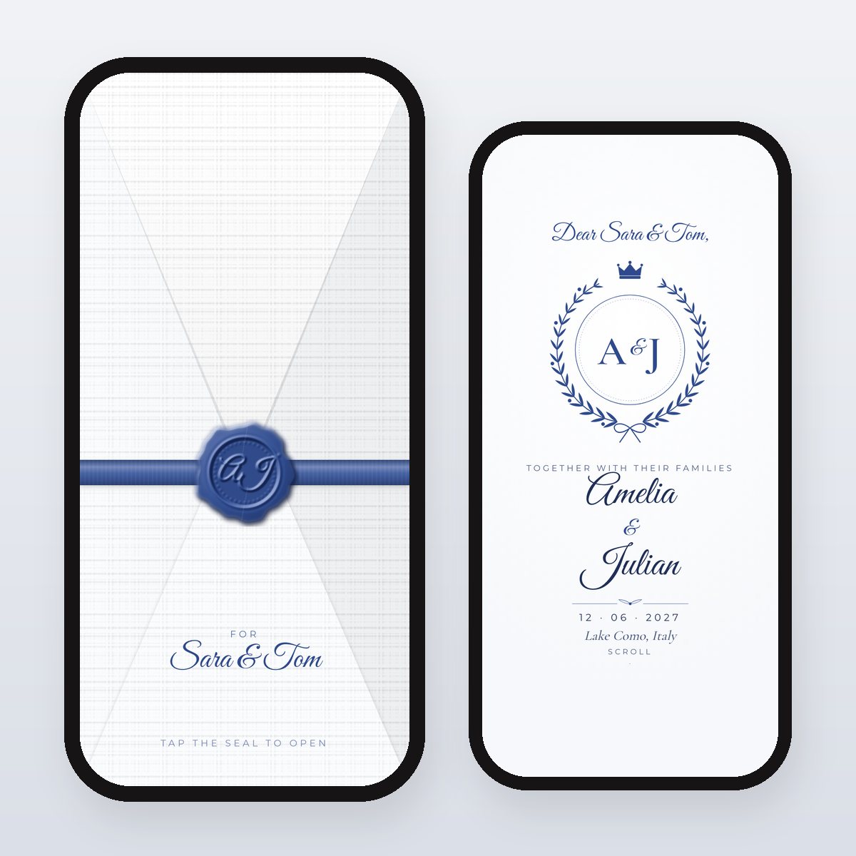 Blue Toile digital wedding invitation: sealed envelope and opened card