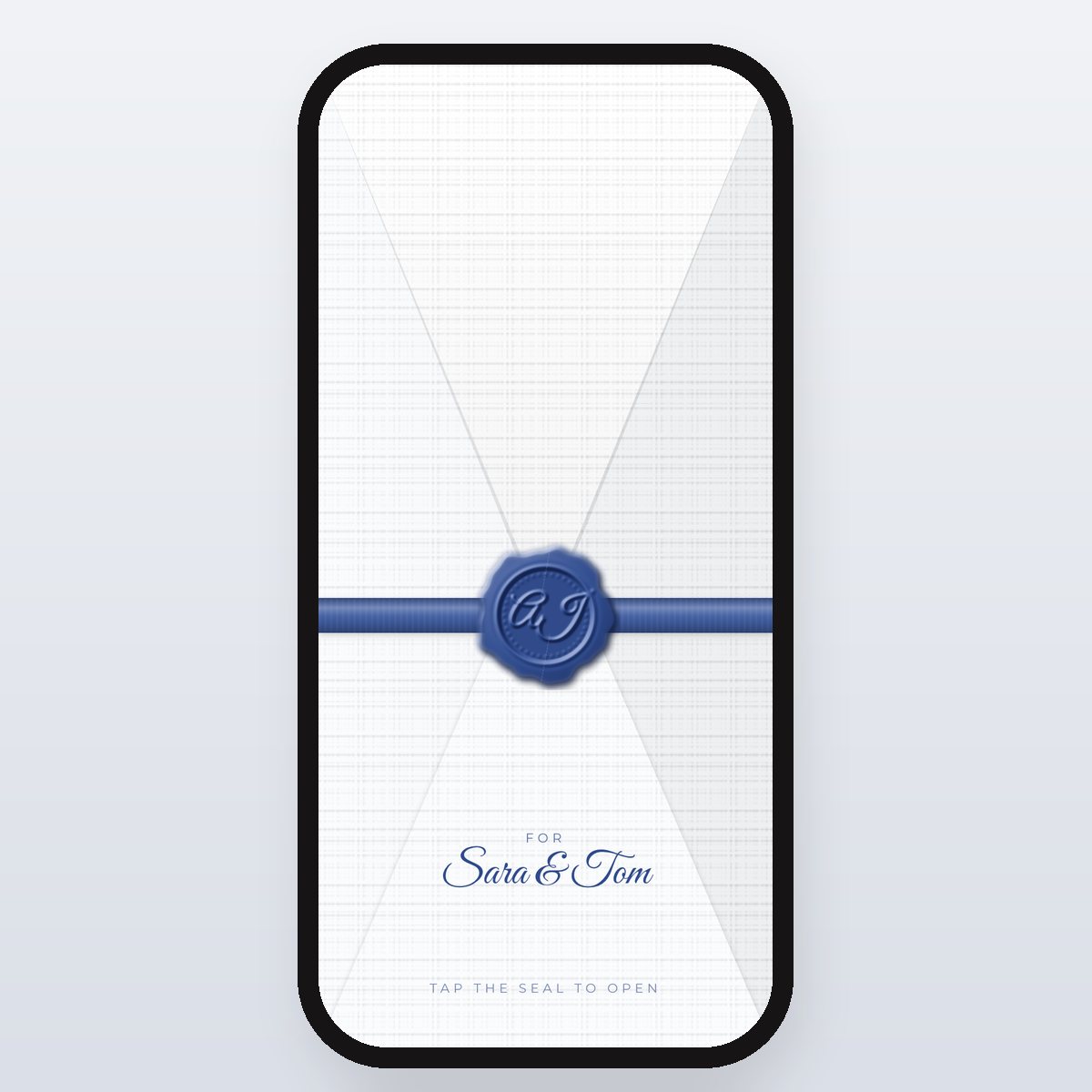 Blue Toile envelope in navy, cobalt blue and white, addressed to Sara & Tom