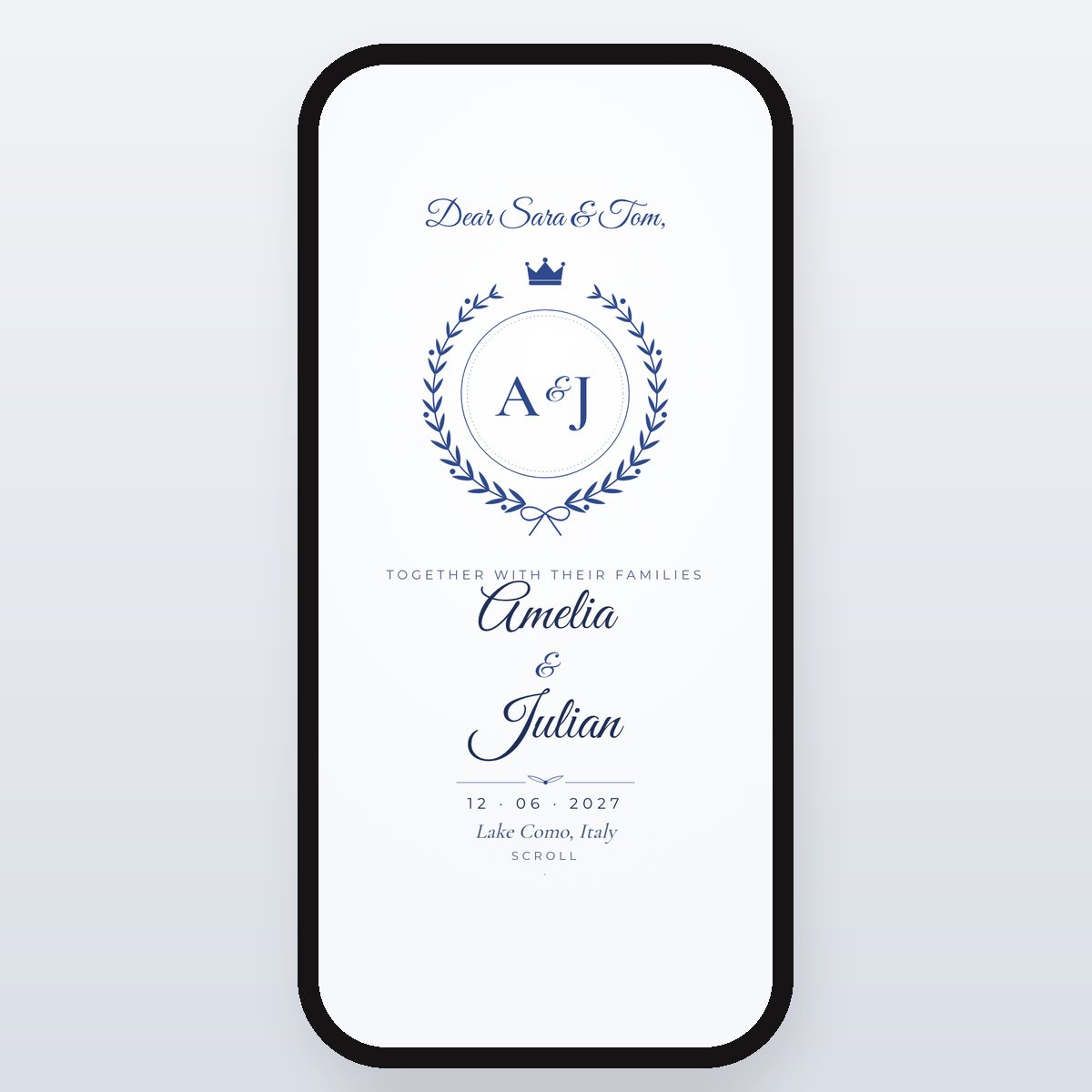 Blue Toile invitation card: “Dear Sara & Tom”, Amelia & Julian, 12 June 2027, Lake Como