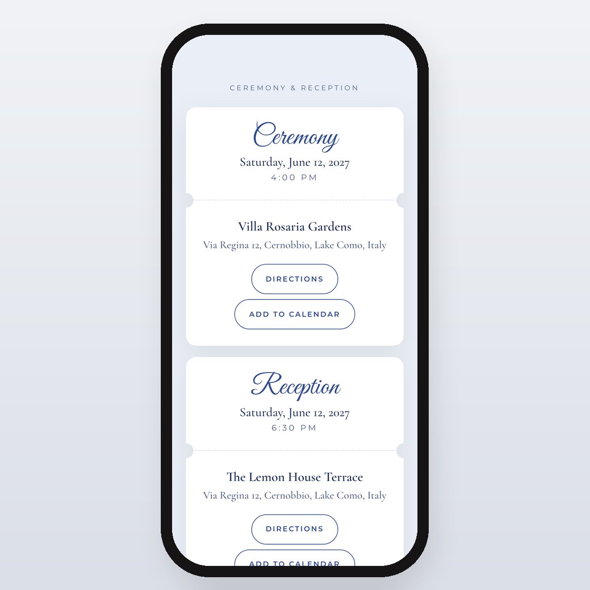 Blue Toile ceremony and reception details with directions and add-to-calendar buttons