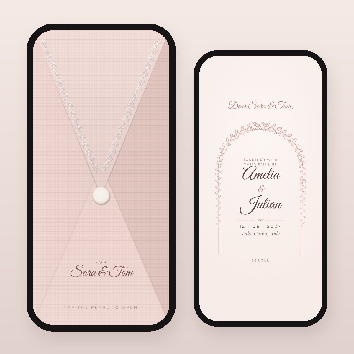 Blush Pearl digital wedding invitation: sealed envelope and opened card