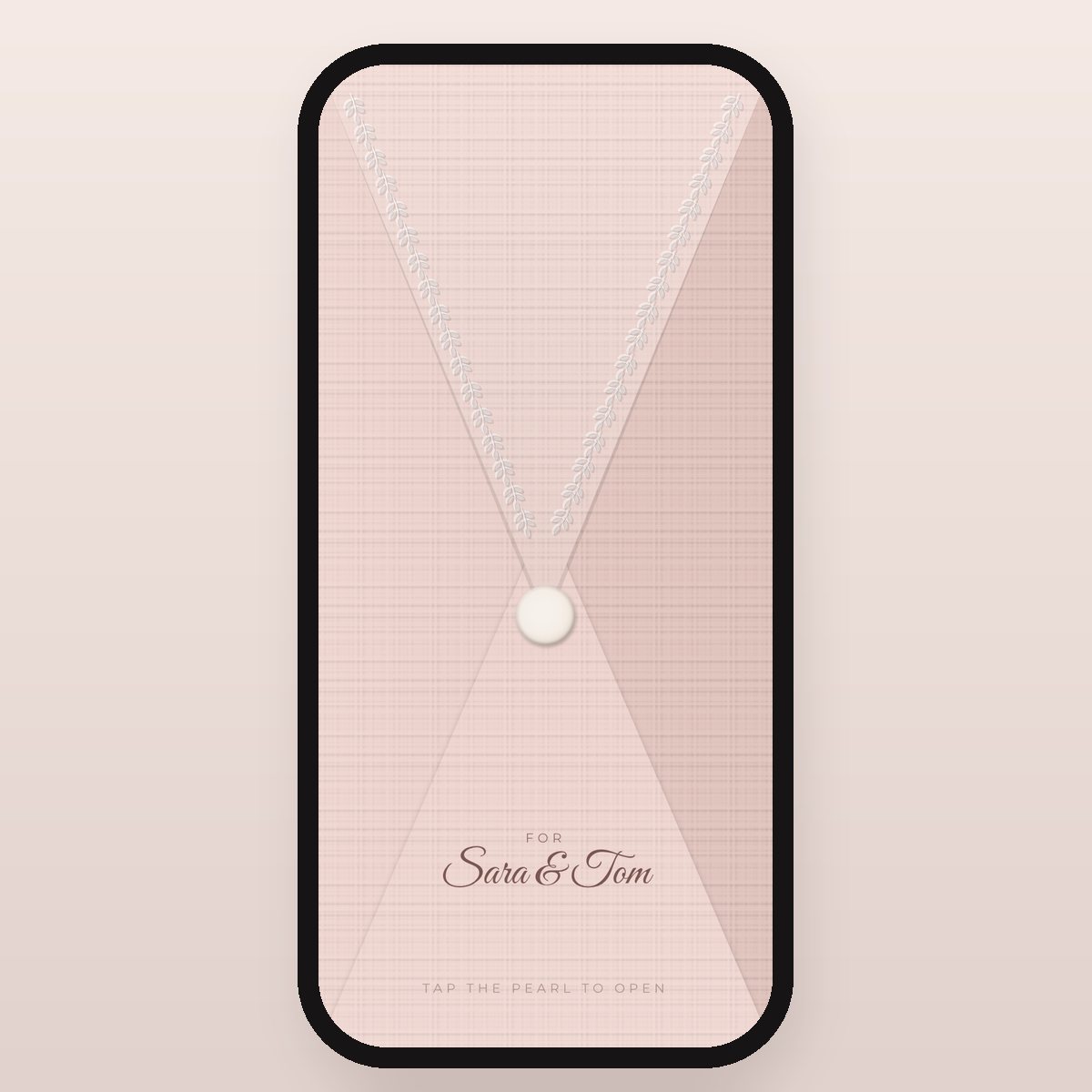 Blush Pearl envelope in blush pink, soft rose and pearl white, addressed to Sara & Tom