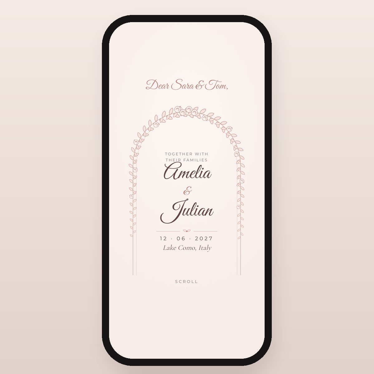 Blush Pearl invitation card: “Dear Sara & Tom”, Amelia & Julian, 12 June 2027, Lake Como