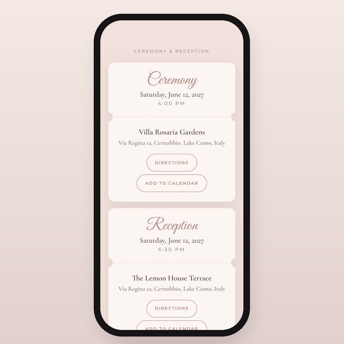 Blush Pearl ceremony and reception details with directions and add-to-calendar buttons