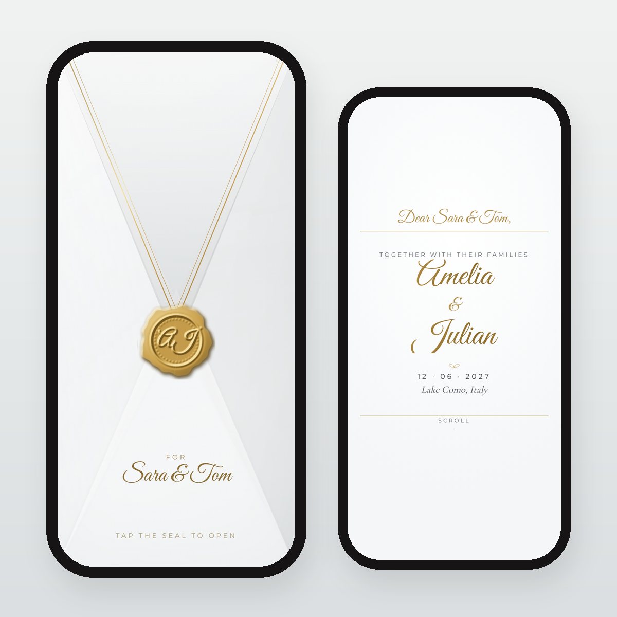 Clear Acrylic digital wedding invitation: sealed envelope and opened card