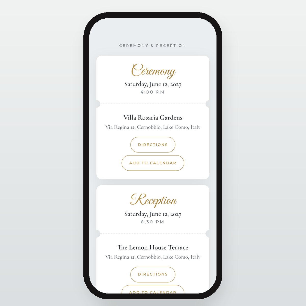 Clear Acrylic ceremony and reception details with directions and add-to-calendar buttons