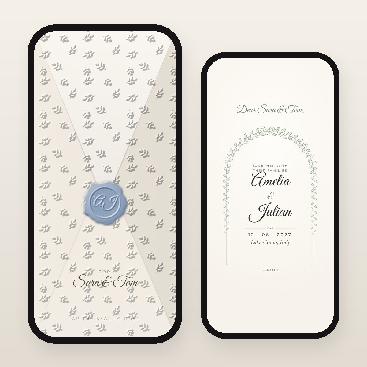 Ivory Garden digital wedding invitation: sealed envelope and opened card