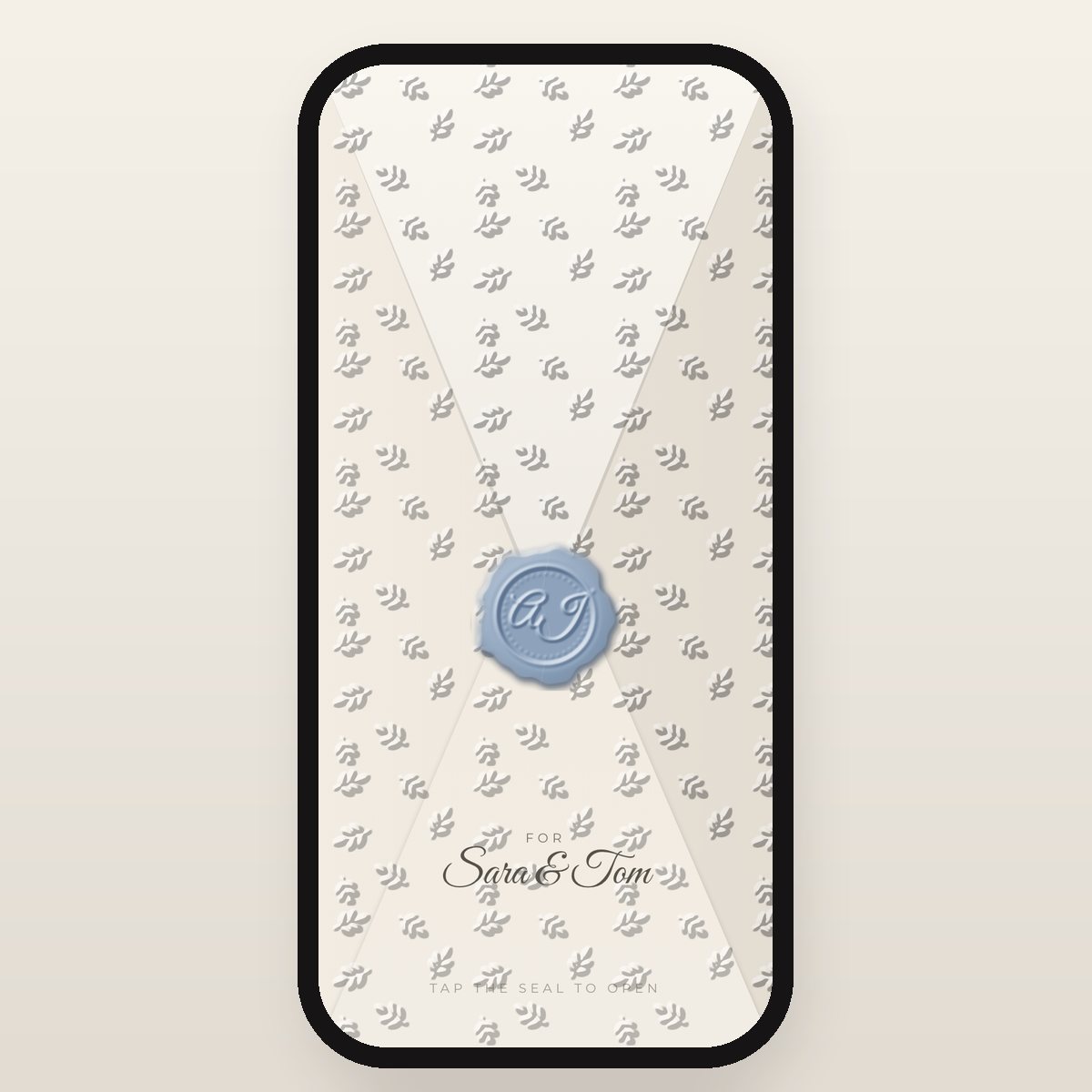 Ivory Garden envelope in ivory, white and dusty blue, addressed to Sara & Tom
