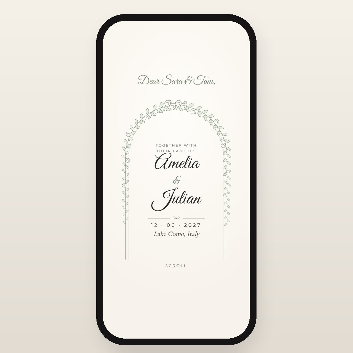 Ivory Garden invitation card: “Dear Sara & Tom”, Amelia & Julian, 12 June 2027, Lake Como