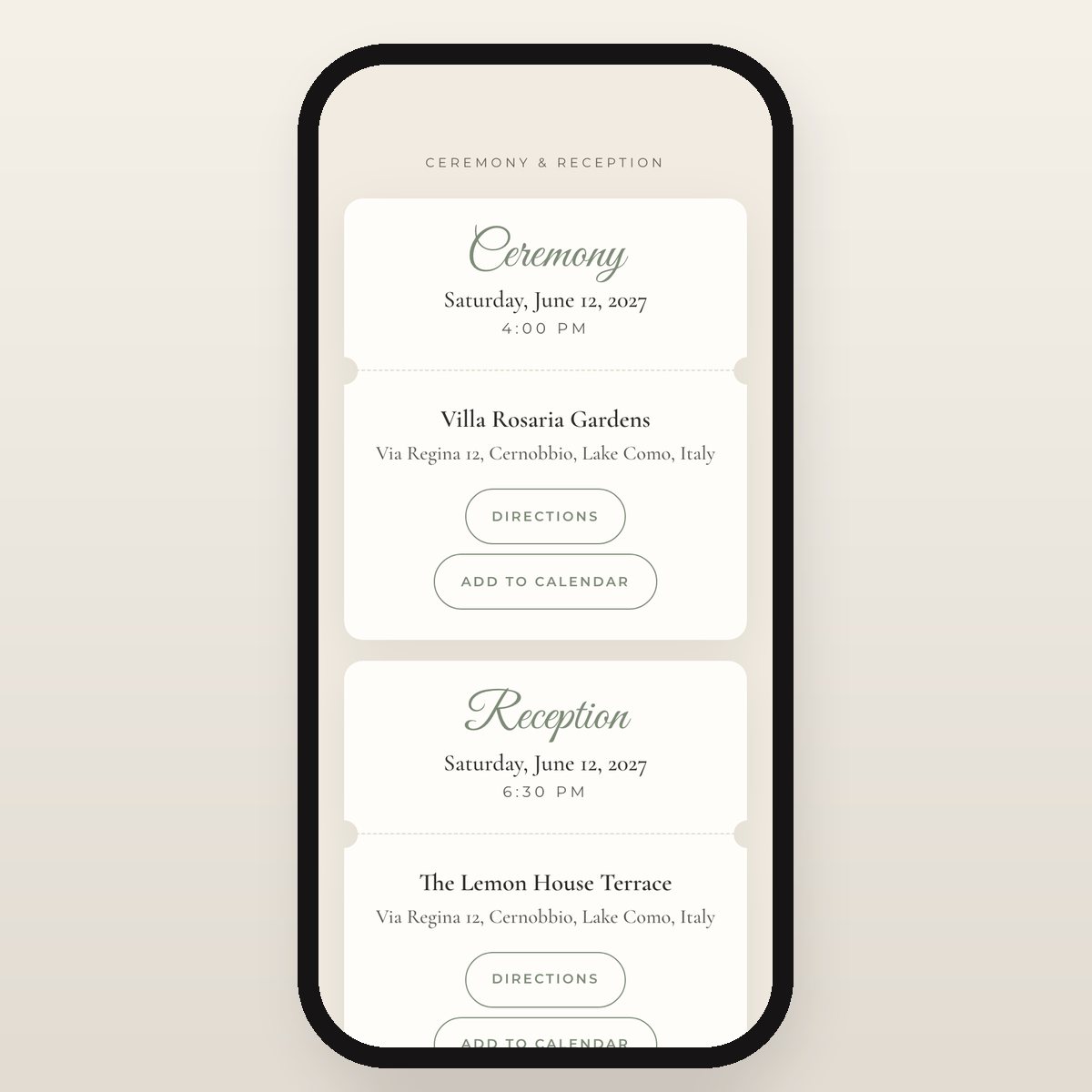 Ivory Garden ceremony and reception details with directions and add-to-calendar buttons