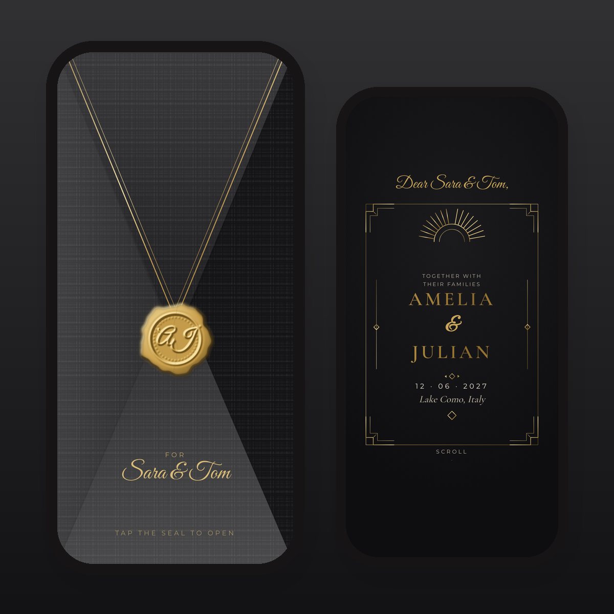 Midnight Black & Gold digital wedding invitation: sealed envelope and opened card