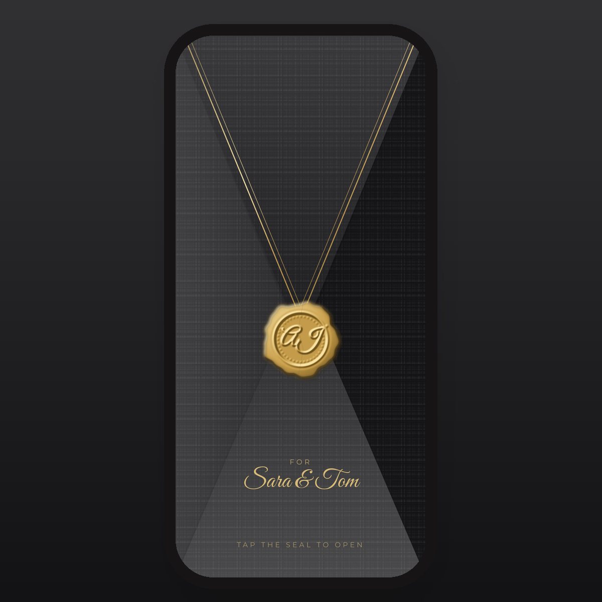 Midnight Black & Gold envelope in black and gold, addressed to Sara & Tom
