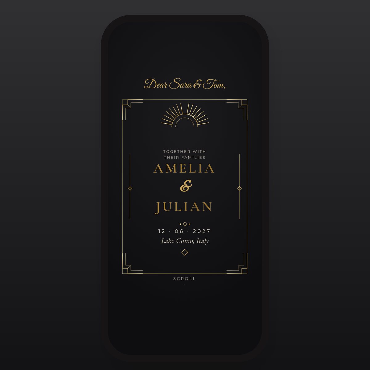 Midnight Black & Gold invitation card: “Dear Sara & Tom”, Amelia & Julian, 12 June 2027, Lake Como
