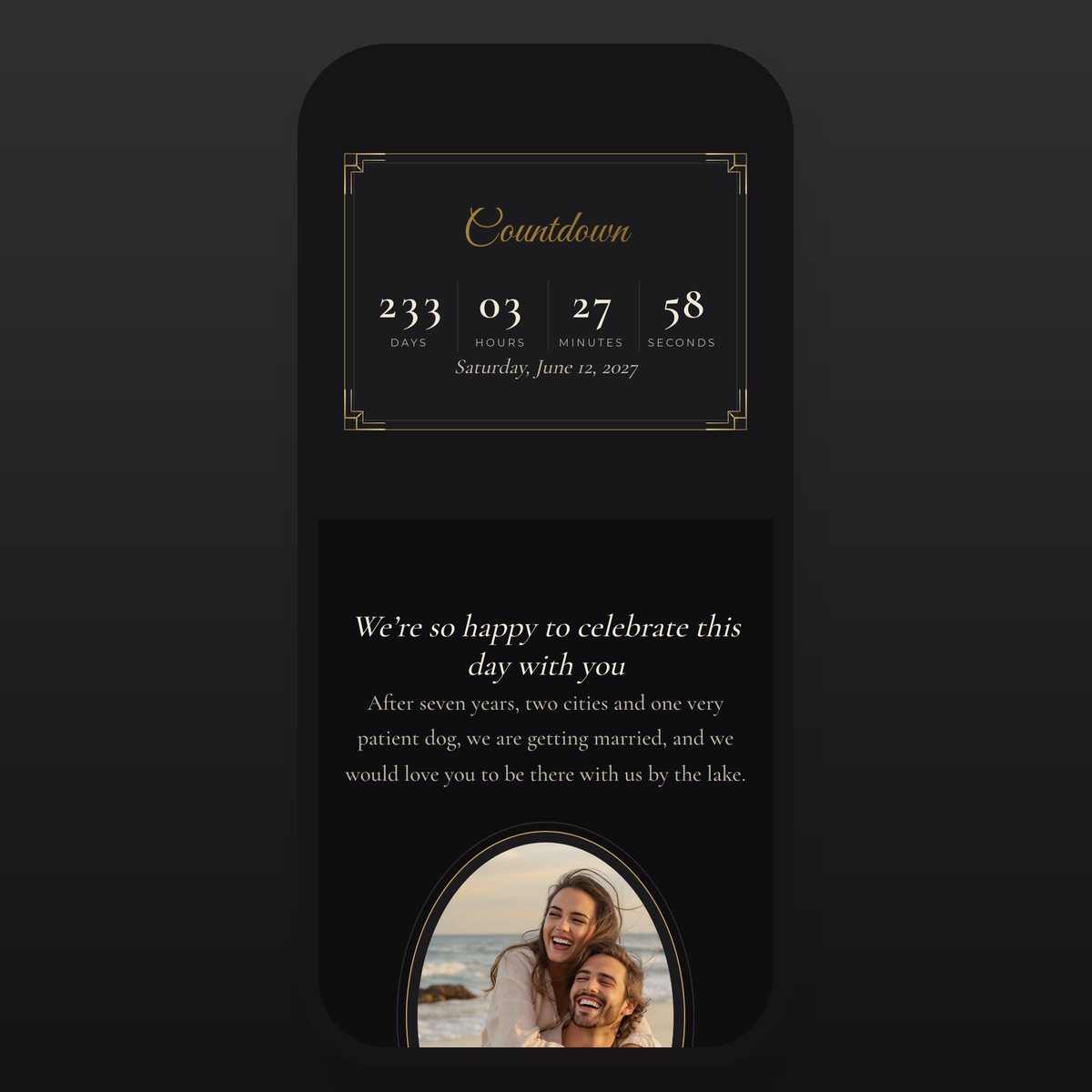Midnight Black & Gold countdown to the wedding in days, hours, minutes and seconds