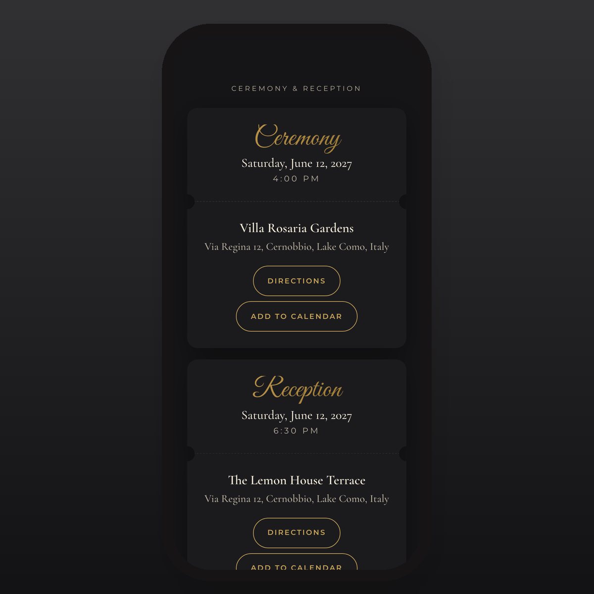 Midnight Black & Gold ceremony and reception details with directions and add-to-calendar buttons