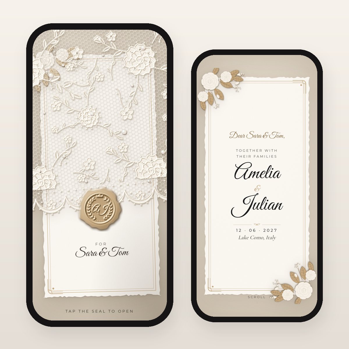 Modern Estate digital wedding invitation: sealed lace cover and opened card