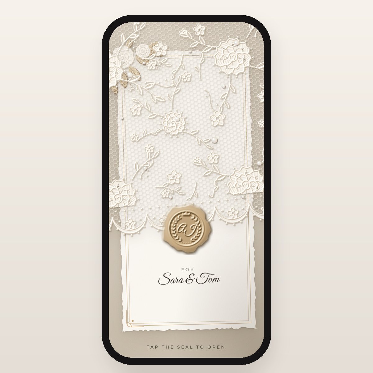 Modern Estate lace cover in warm white, soft black and champagne, addressed to Sara & Tom