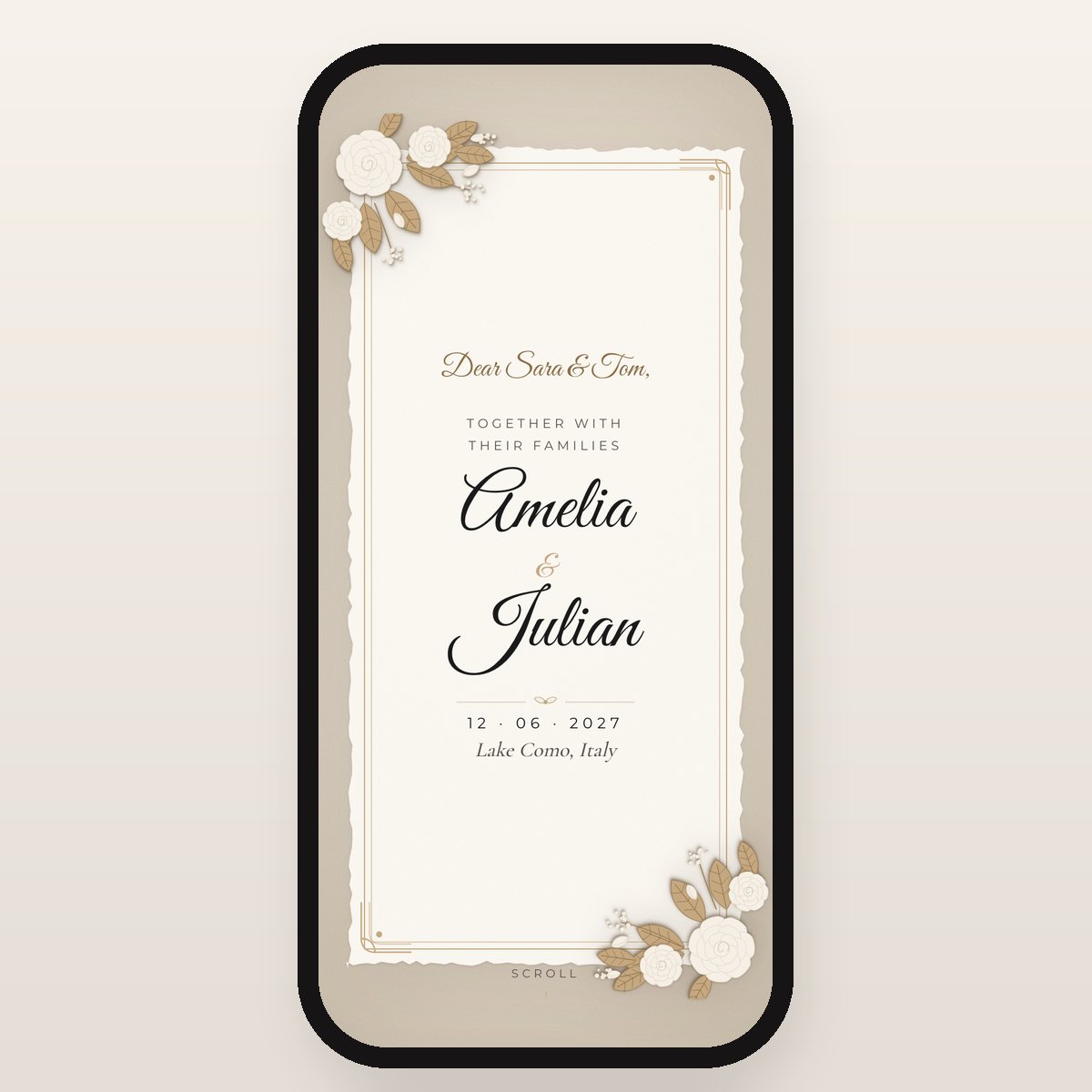 Modern Estate invitation card: “Dear Sara & Tom”, Amelia & Julian, 12 June 2027, Lake Como
