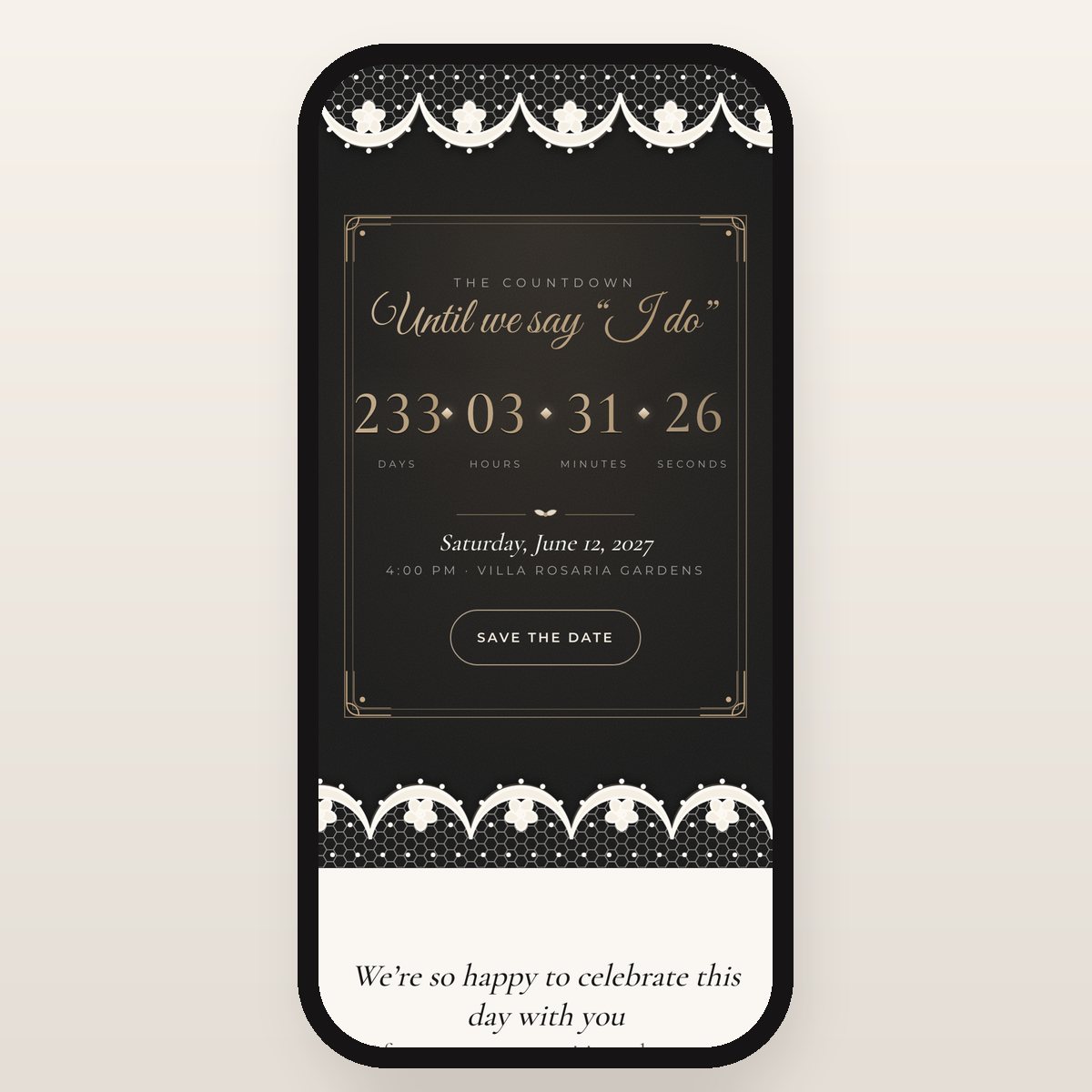 Modern Estate countdown to the wedding in days, hours, minutes and seconds