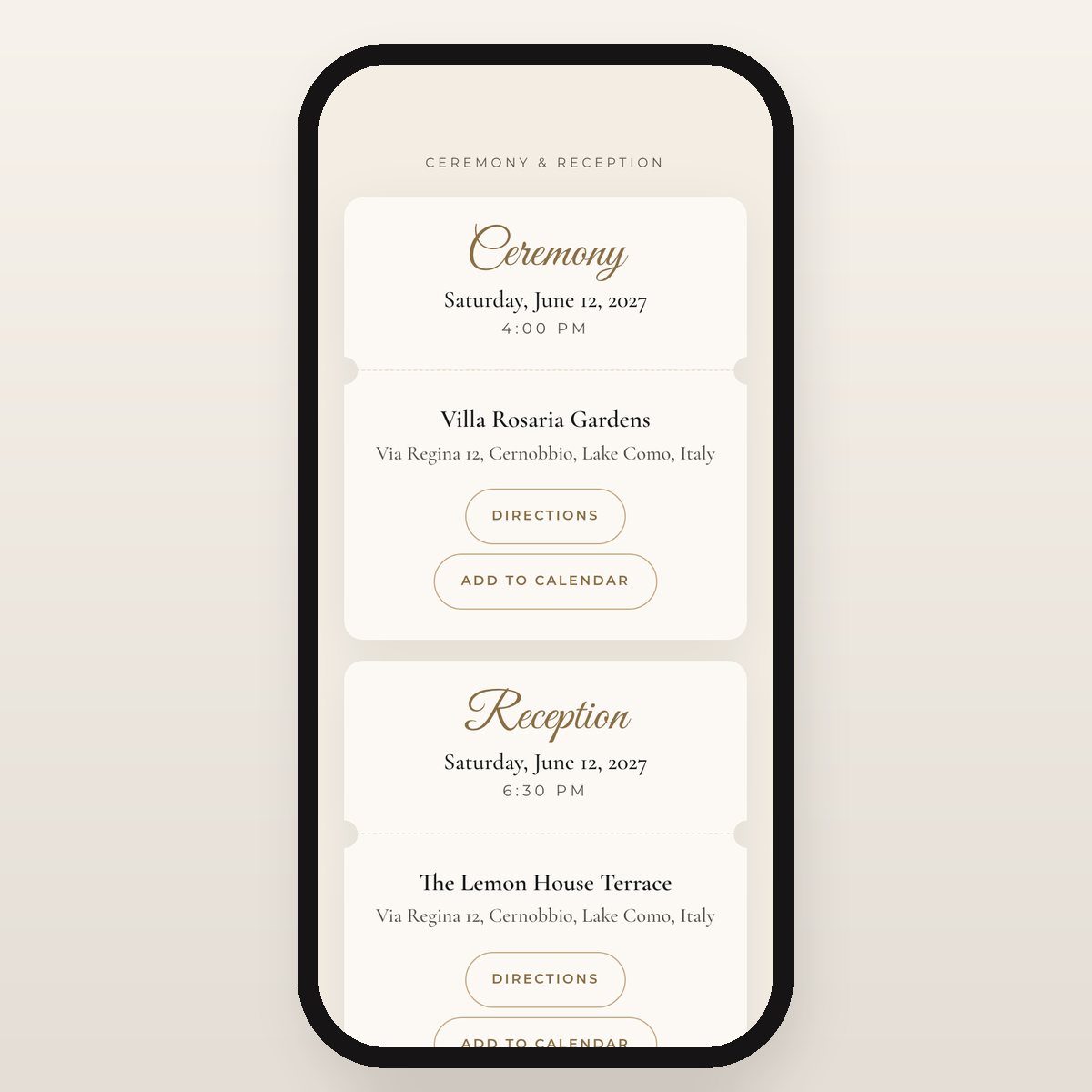 Modern Estate ceremony and reception details with directions and add-to-calendar buttons