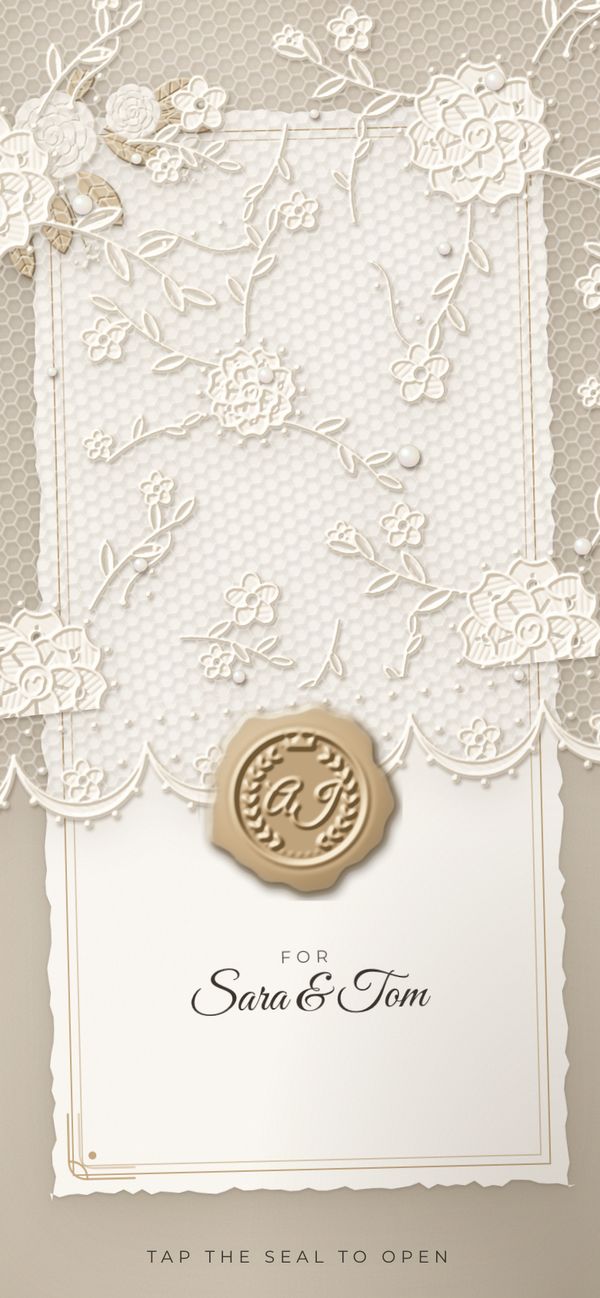 A sealed digital save the date on a phone, addressed to Sara & Tom