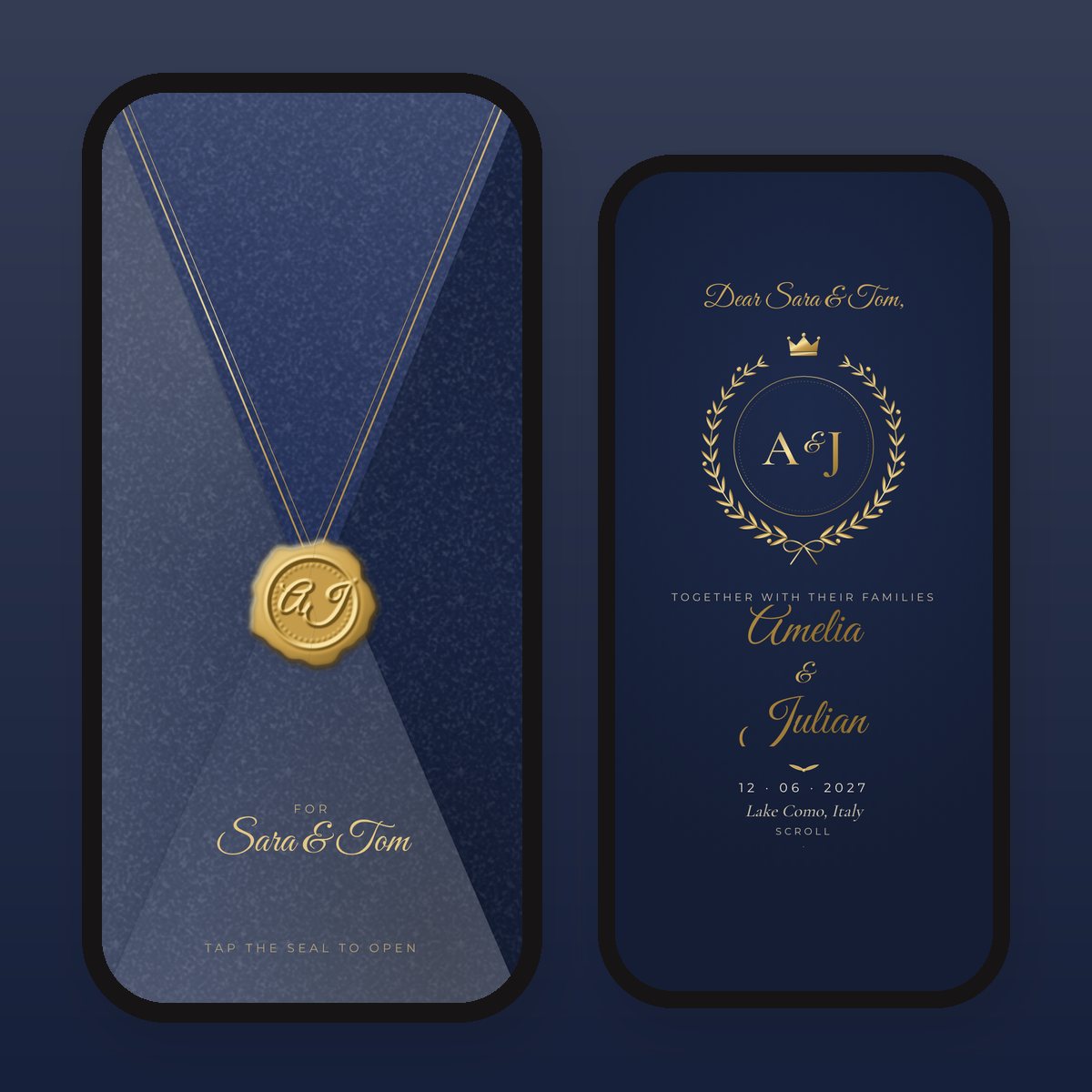 Navy Velvet & Gold digital wedding invitation: sealed envelope and opened card