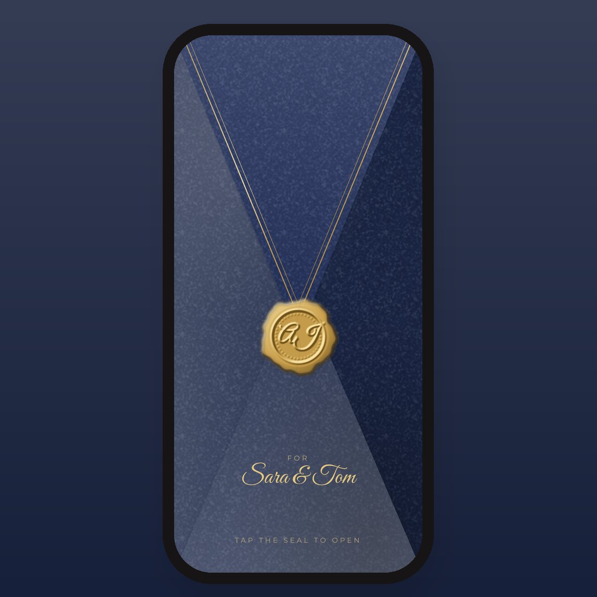 Navy Velvet & Gold envelope in midnight navy and gold, addressed to Sara & Tom