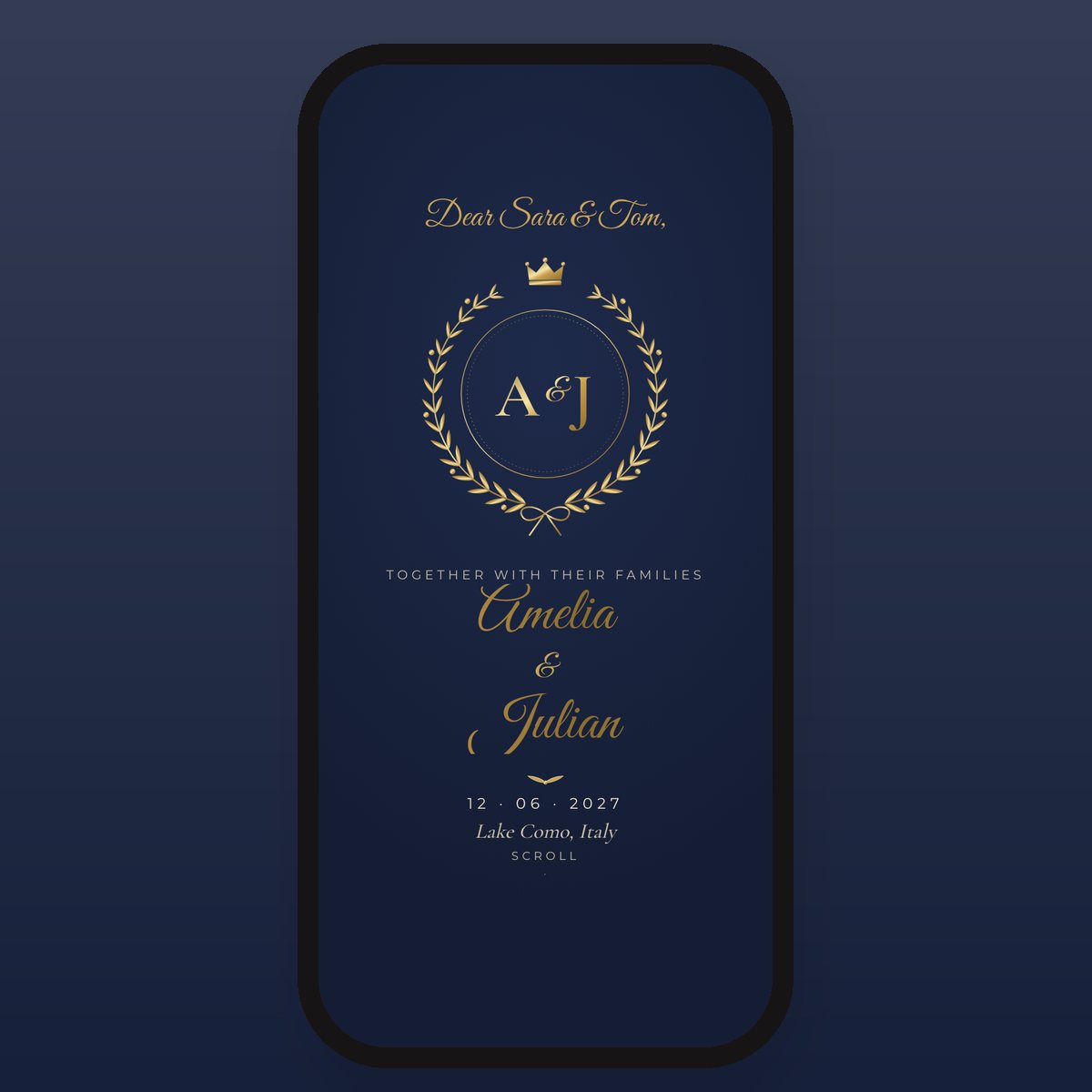 Navy Velvet & Gold invitation card: “Dear Sara & Tom”, Amelia & Julian, 12 June 2027, Lake Como