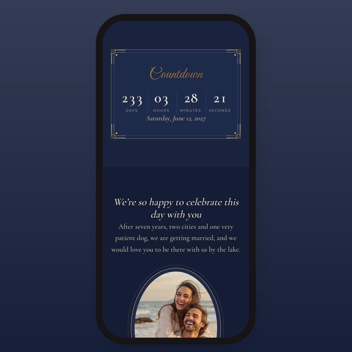 Navy Velvet & Gold countdown to the wedding in days, hours, minutes and seconds