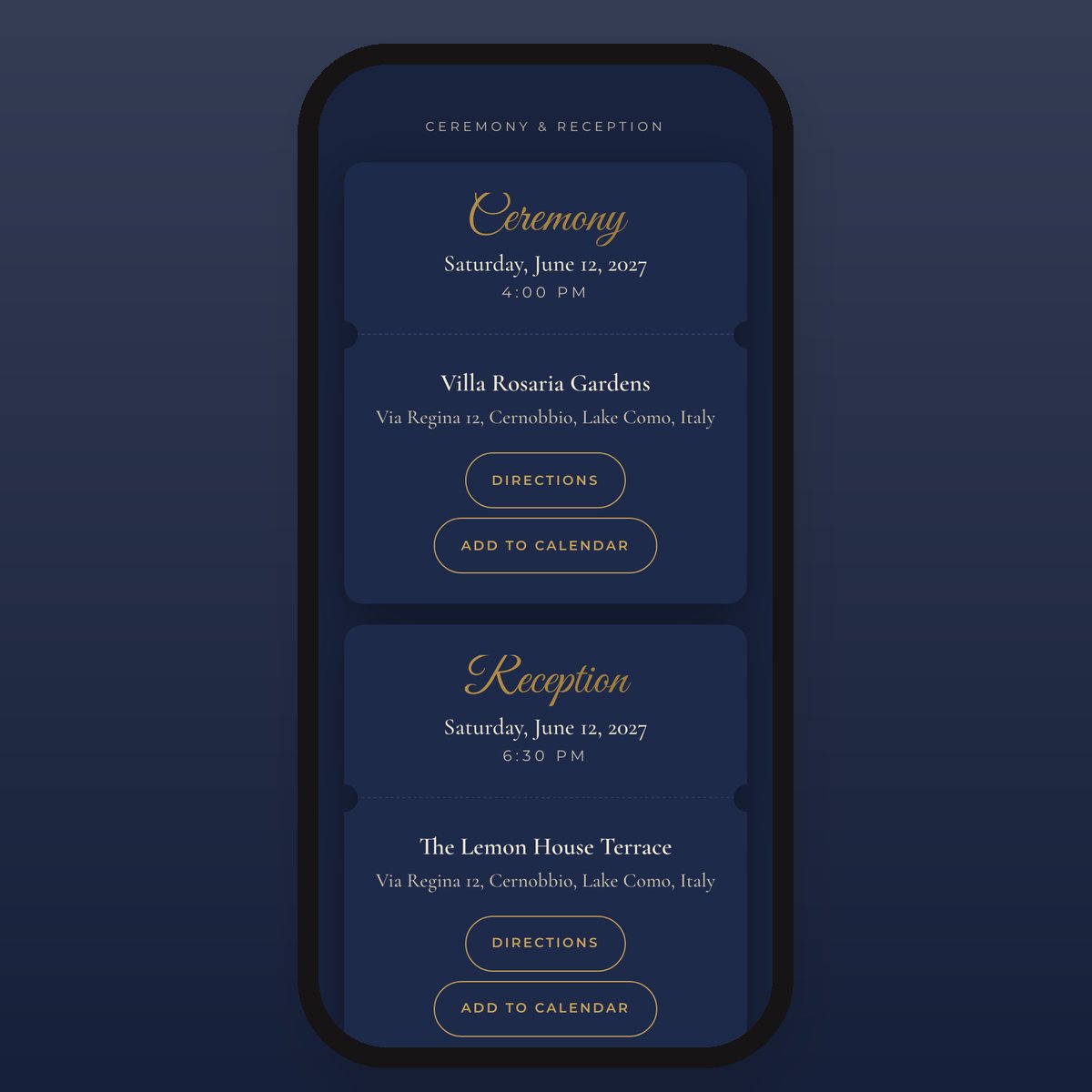 Navy Velvet & Gold ceremony and reception details with directions and add-to-calendar buttons