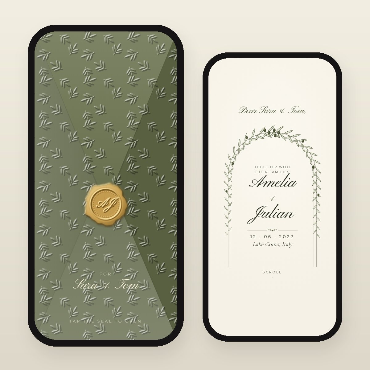 Olive Grove digital wedding invitation: sealed envelope and opened card