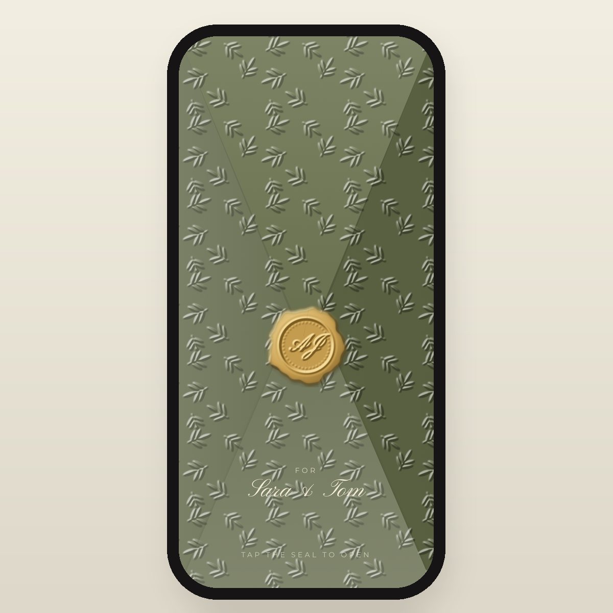 Olive Grove envelope in deep olive, cream and gold, addressed to Sara & Tom