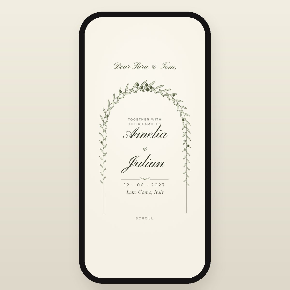 Olive Grove invitation card: “Dear Sara & Tom”, Amelia & Julian, 12 June 2027, Lake Como