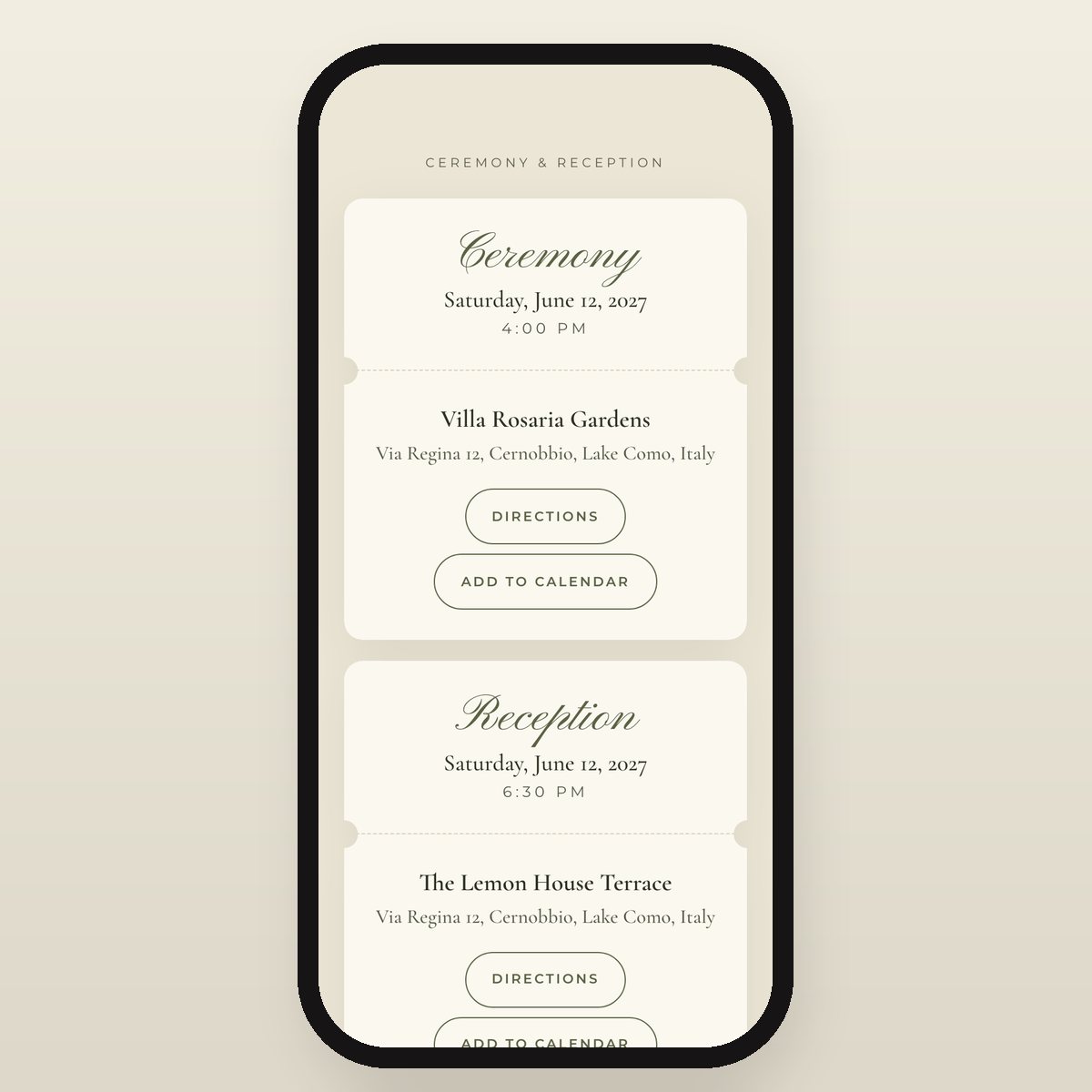Olive Grove ceremony and reception details with directions and add-to-calendar buttons