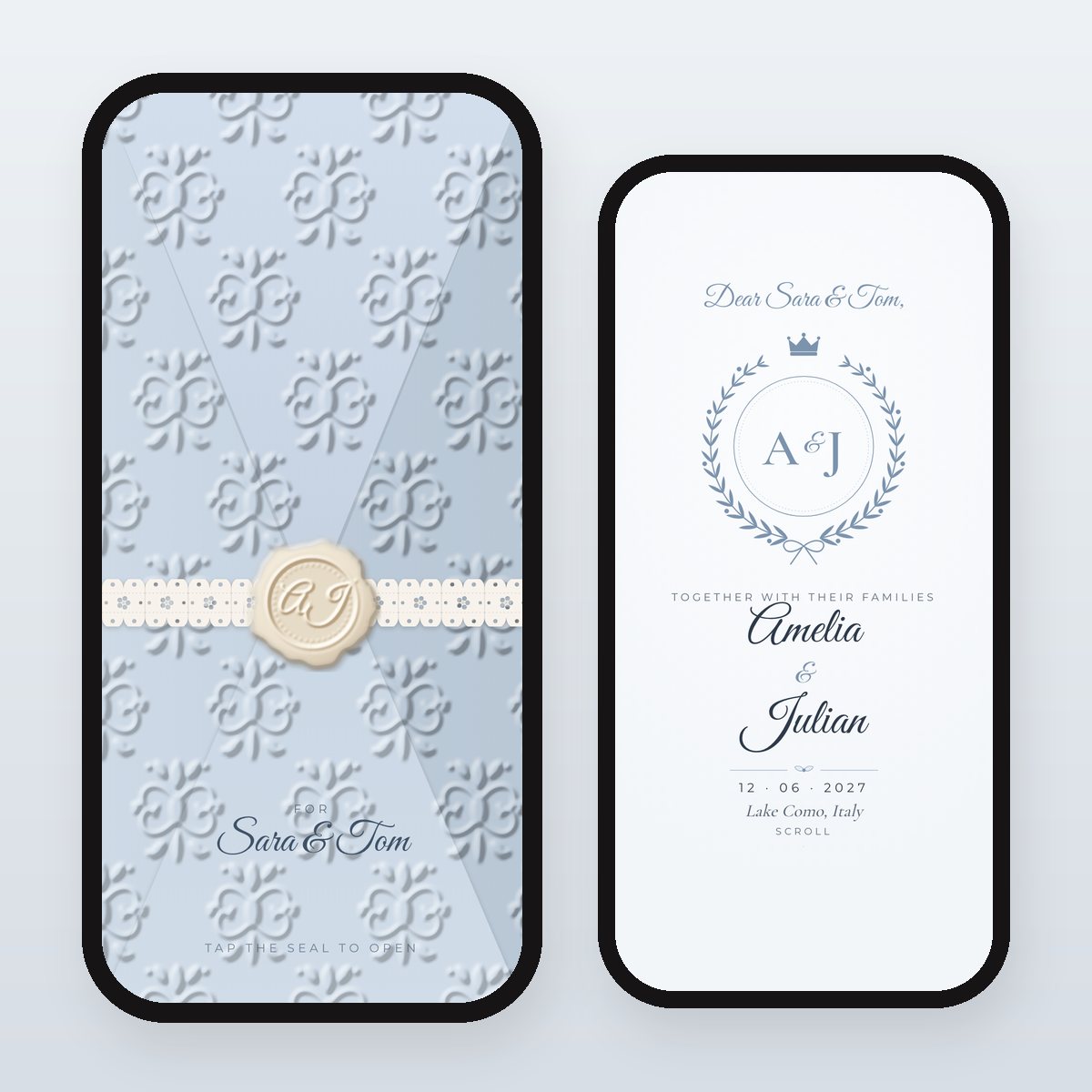 Powder Blue Damask digital wedding invitation: sealed envelope and opened card