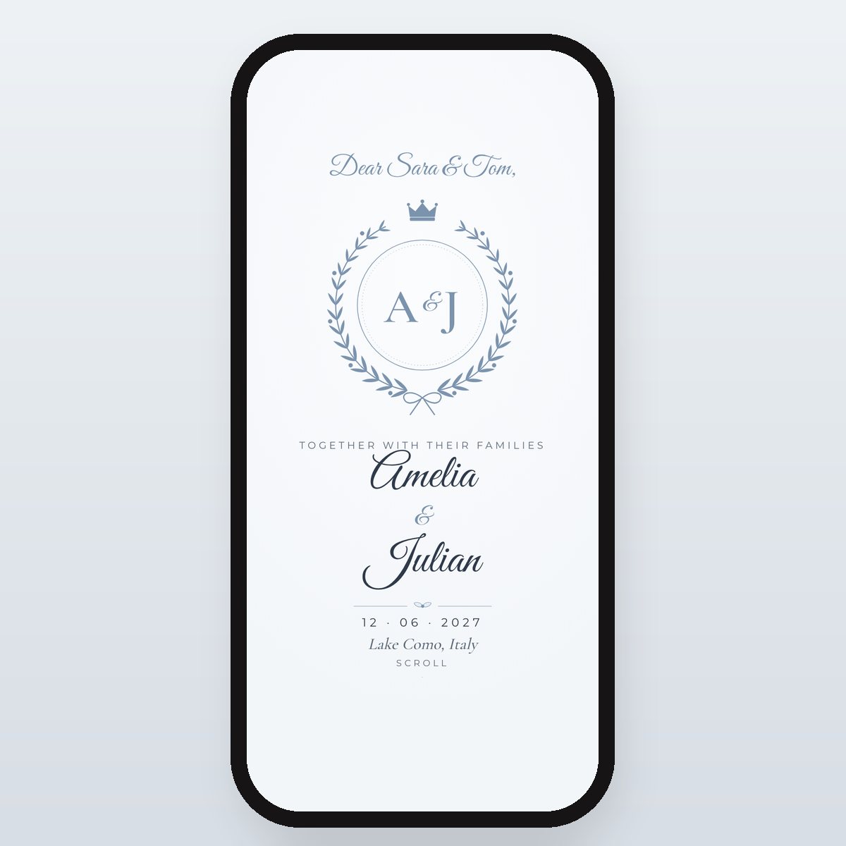 Powder Blue Damask invitation card: “Dear Sara & Tom”, Amelia & Julian, 12 June 2027, Lake Como