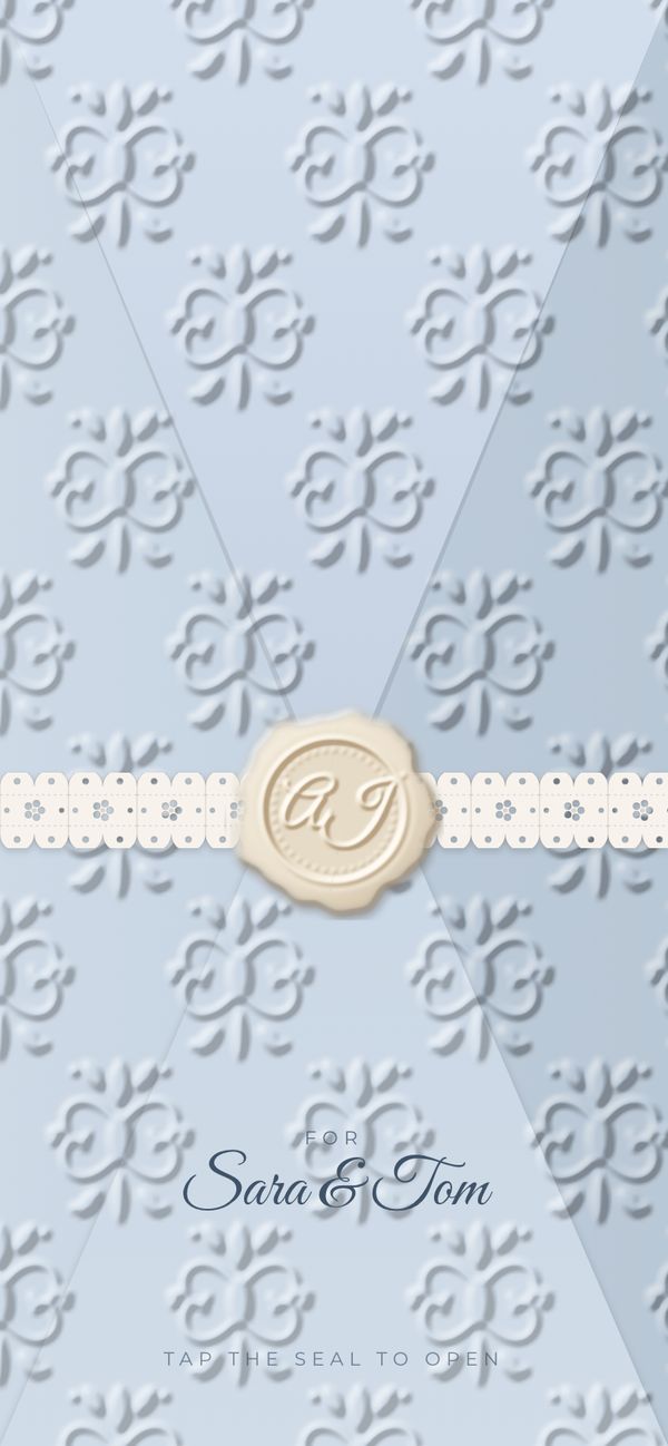 Powder Blue Damask sealed invitation on a phone, addressed to Sara & Tom