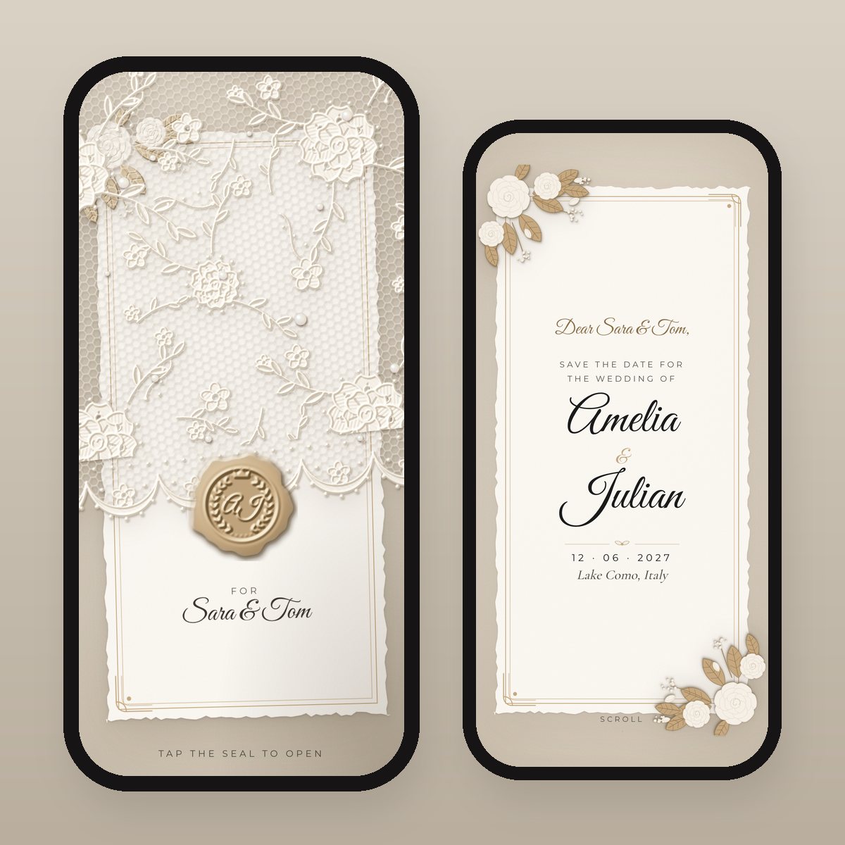 Digital save the date on two phones: a lace-wrapped card with a champagne wax seal addressed to Sara & Tom, and the opened card saying save the date for the wedding of Amelia & Julian
