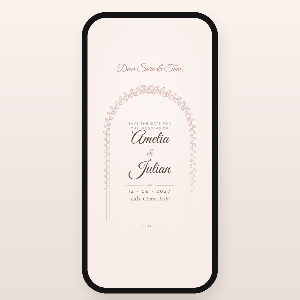Blush pink digital save the date with a rose garden arch, 12 June 2027, Lake Como