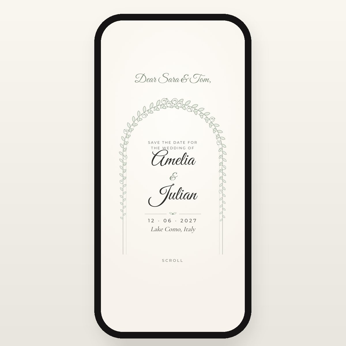 Ivory digital save the date with a white garden arch and the couple’s names in script