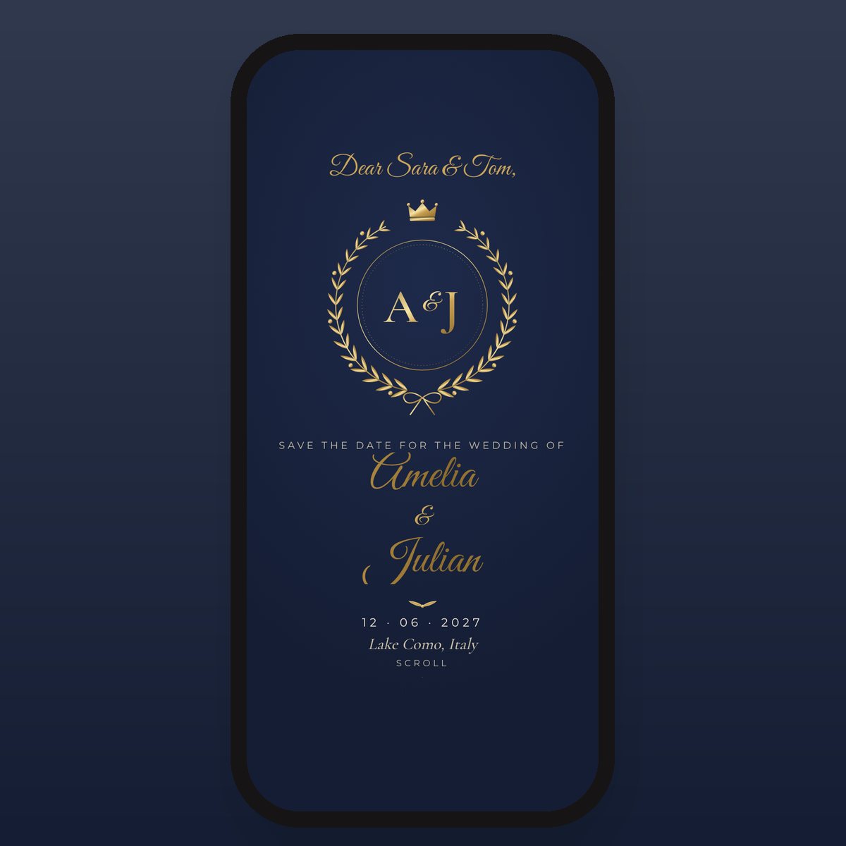 Navy and gold digital save the date with a laurel crest and gold names