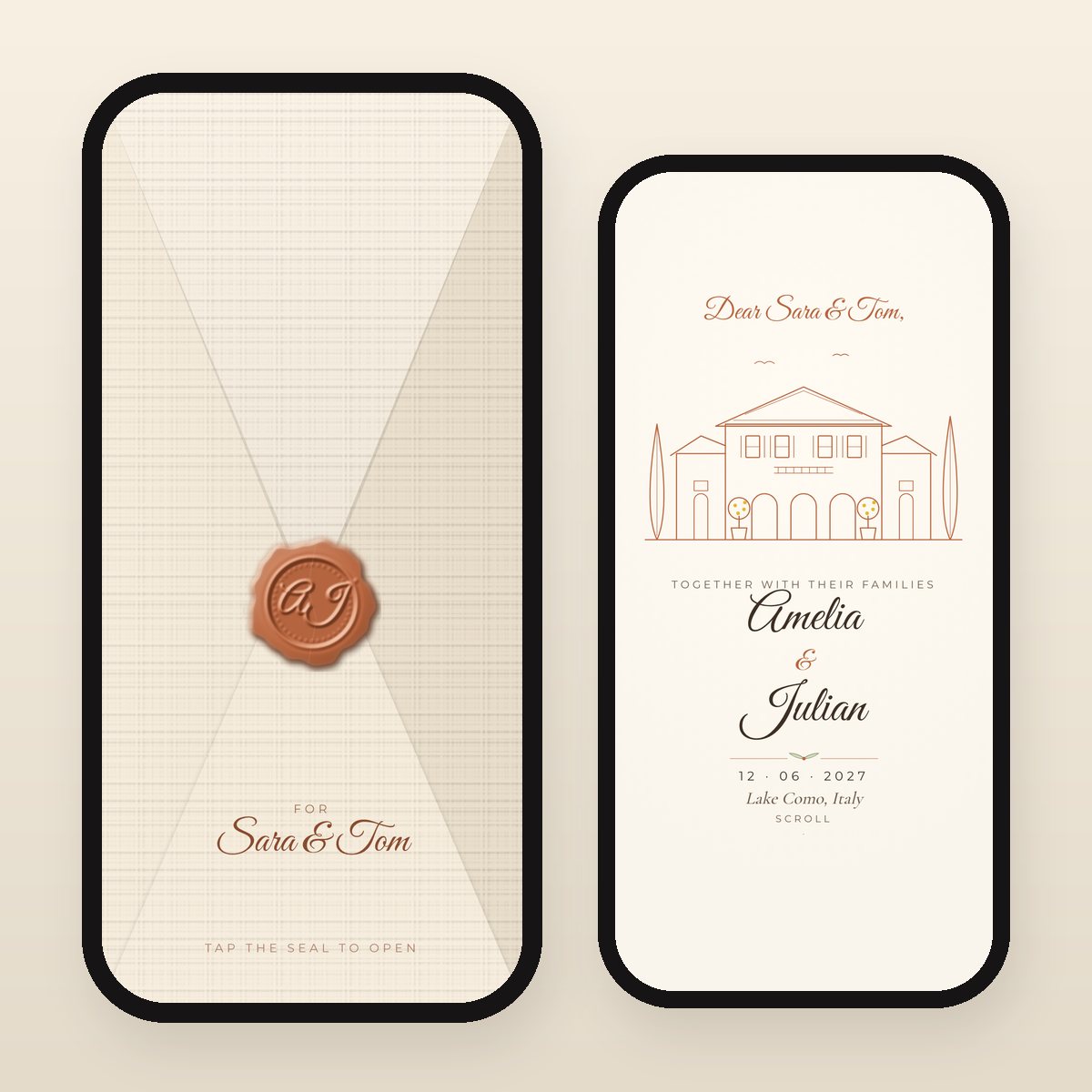 Tuscan Villa digital wedding invitation: sealed envelope and opened card