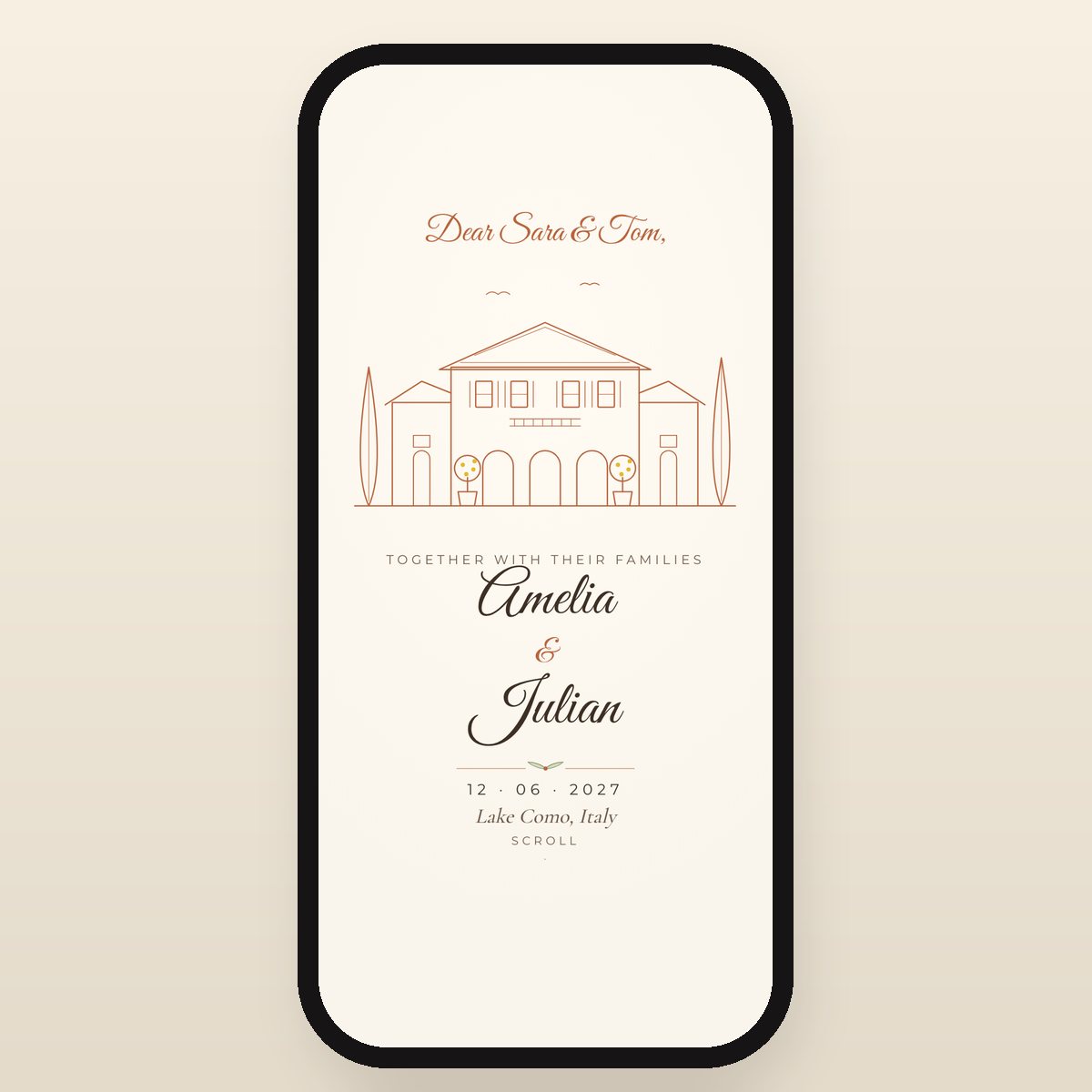 Tuscan Villa invitation card: “Dear Sara & Tom”, Amelia & Julian, 12 June 2027, Lake Como