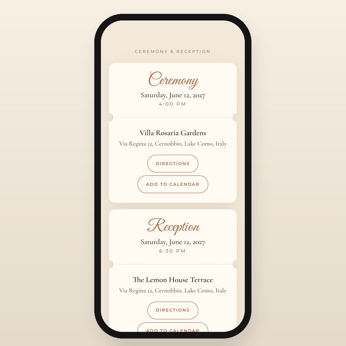 Tuscan Villa ceremony and reception details with directions and add-to-calendar buttons