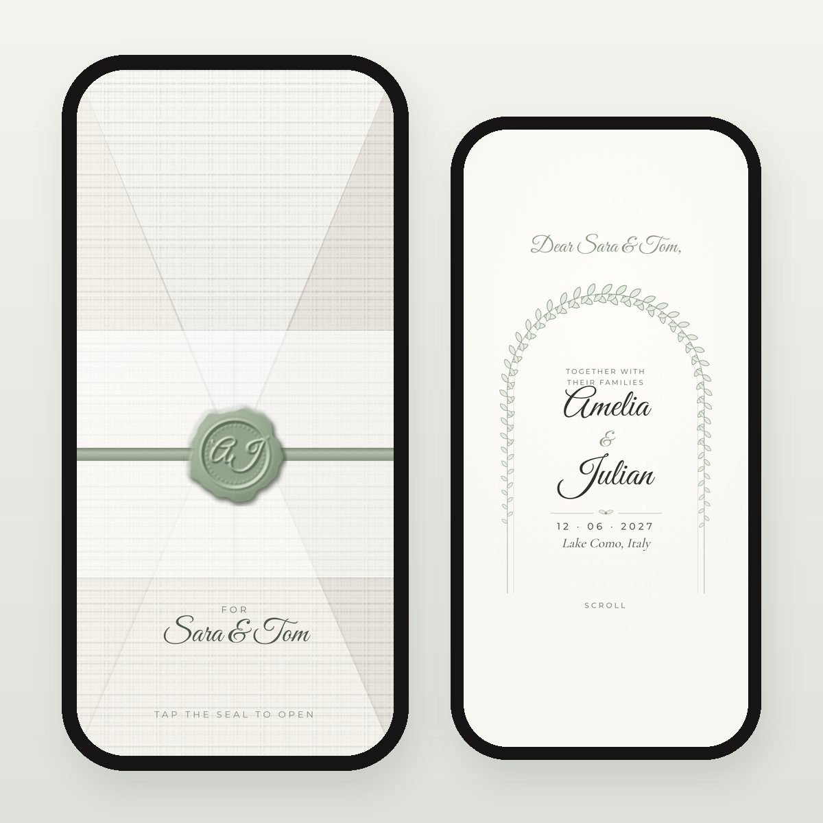 Vellum & Silk Ribbon digital wedding invitation: sealed envelope and opened card