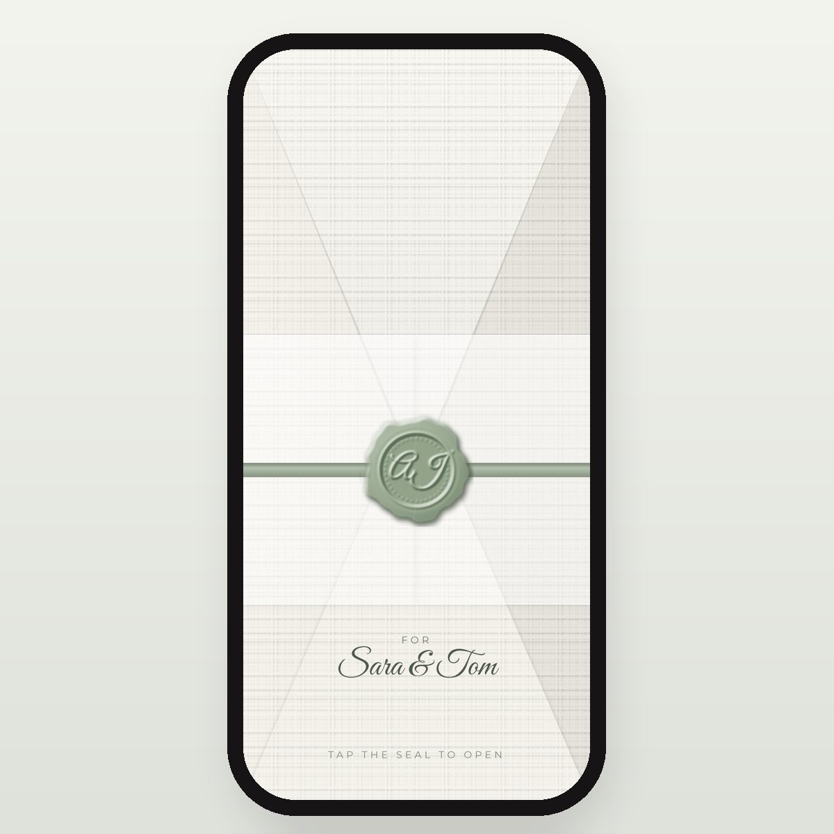 Vellum & Silk Ribbon envelope in sage green, linen and white, addressed to Sara & Tom