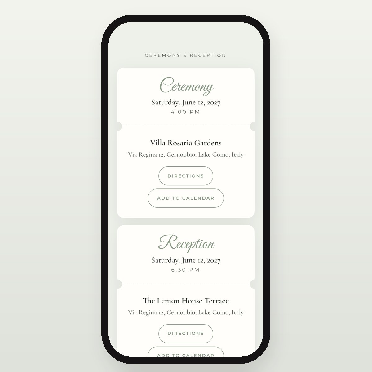 Vellum & Silk Ribbon ceremony and reception details with directions and add-to-calendar buttons