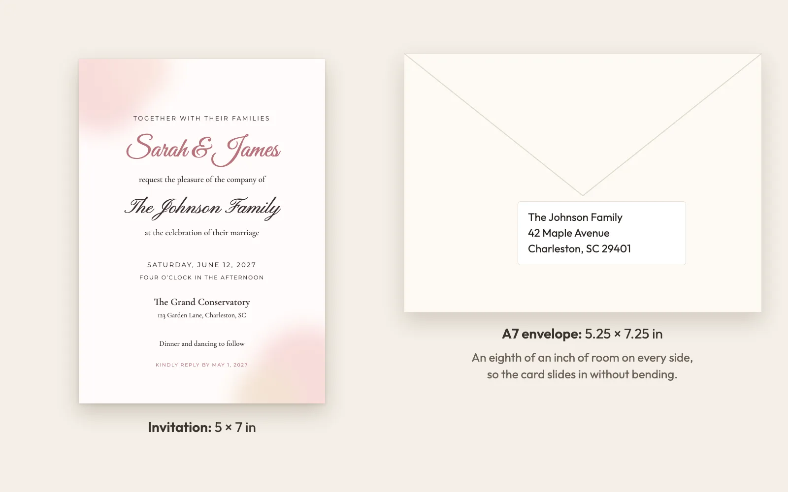 A Blush Watercolor 5x7 wedding invitation for The Johnson Family next to an A7 envelope measuring 5.25 x 7.25 inches with an address label