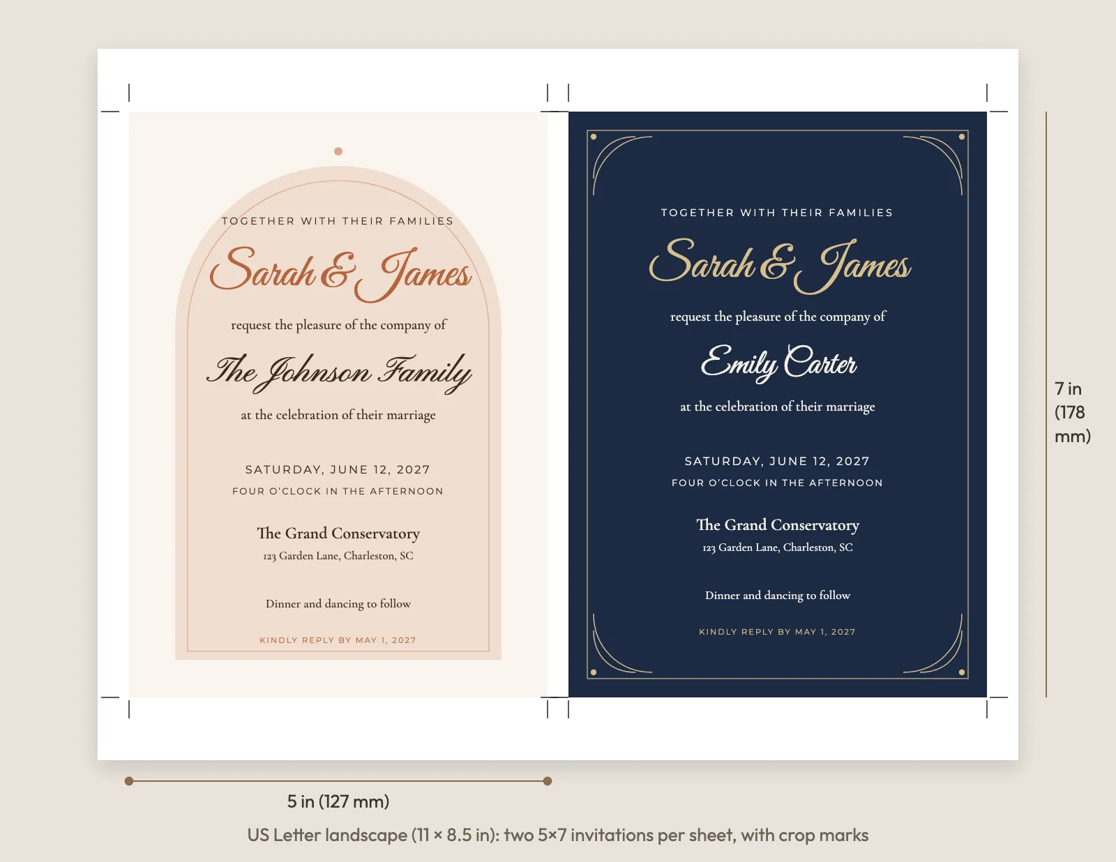 A landscape US Letter print sheet with two 5x7 wedding invitations, Terracotta Arch for The Johnson Family and Navy & Gold for Emily Carter, with crop marks and measurements