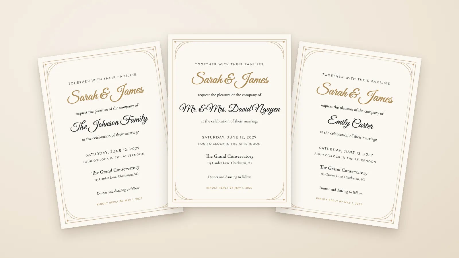 Printable 5x7 wedding invitations with guest names: personalize in bulk, print anywhere